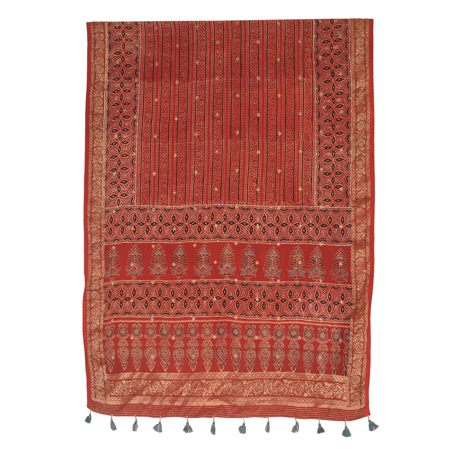 Ajrakh Dola Silk Natural Dye Jari Butta Hand Block Print Dupatta  With Full Nakshi Border & Tassels  - 2.4 Mtr Length    -  SKU : FJ19101B