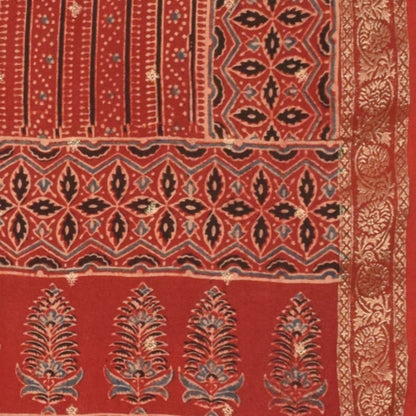 Ajrakh Dola Silk Natural Dye Jari Butta Hand Block Print Dupatta  With Full Nakshi Border & Tassels  - 2.4 Mtr Length    -  SKU : FJ19101B