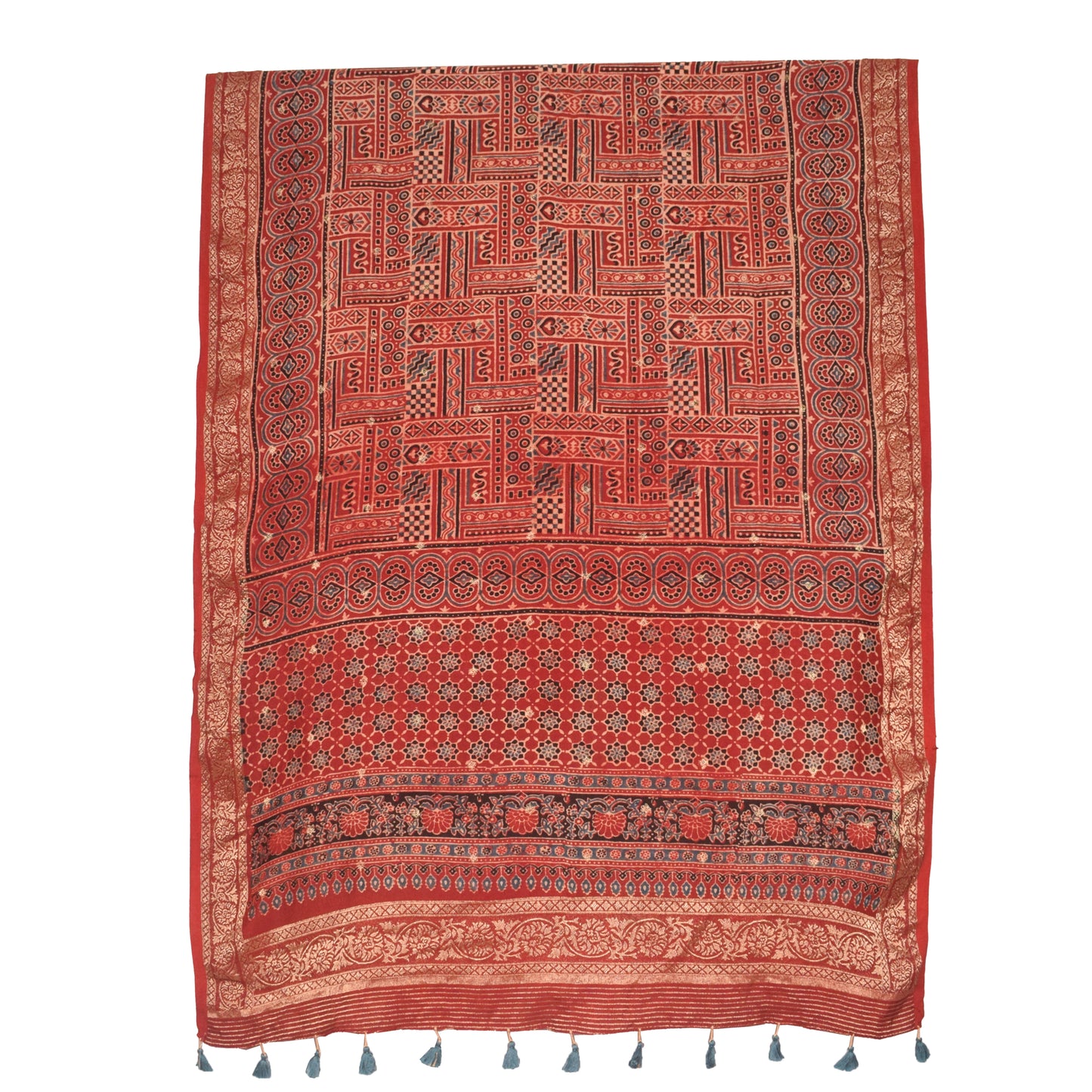Ajrakh Dola Silk Natural Dye Jari Butta Hand Block Print Dupatta  With Full Nakshi Border & Tassels  - 2.4 Mtr Length    -  SKU : FJ19101D