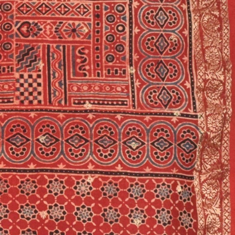 Ajrakh Dola Silk Natural Dye Jari Butta Hand Block Print Dupatta  With Full Nakshi Border & Tassels  - 2.4 Mtr Length    -  SKU : FJ19101D