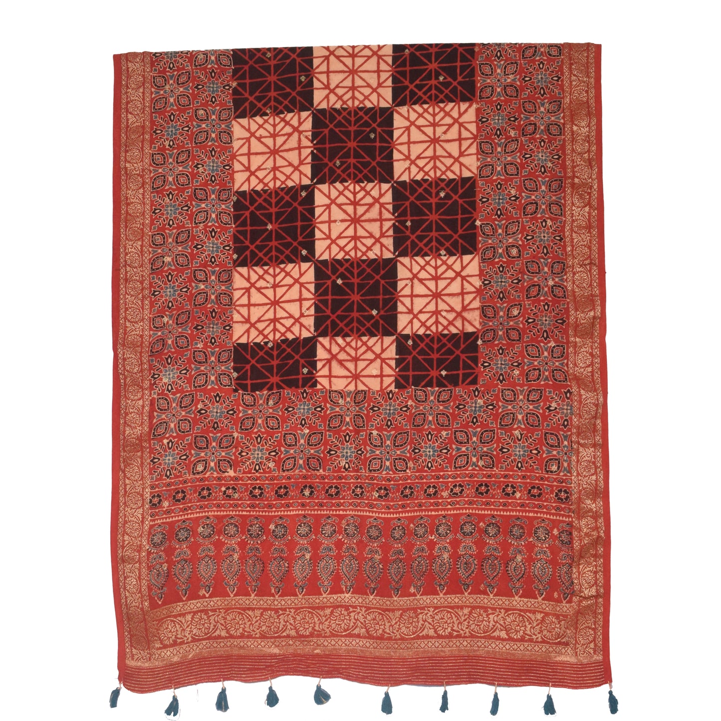 Ajrakh Dola Silk Natural Dye Jari Butta Hand Block Print Dupatta  With Full Nakshi Border & Tassels  - 2.4 Mtr Length    -  SKU : FJ19101F