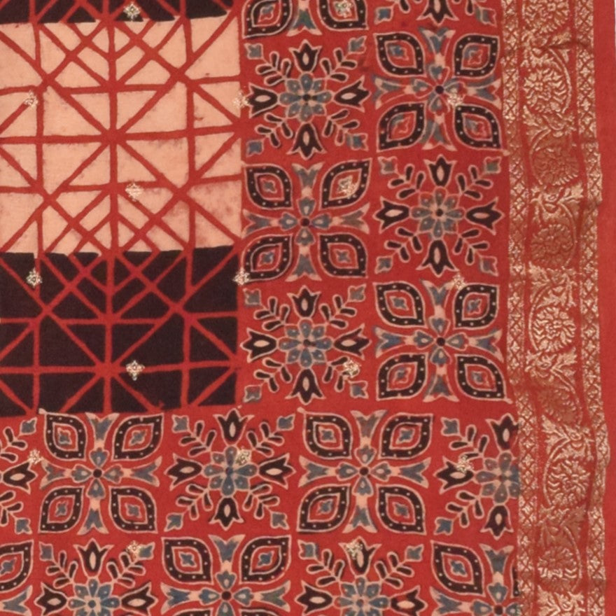 Ajrakh Dola Silk Natural Dye Jari Butta Hand Block Print Dupatta  With Full Nakshi Border & Tassels  - 2.4 Mtr Length    -  SKU : FJ19101F