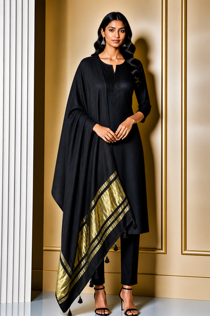 Plain Dyeing Modal Silk Dupatta with Golden Border - with Tassels - 2.5 Mtr Length    -  SKU : 0077-BKGL