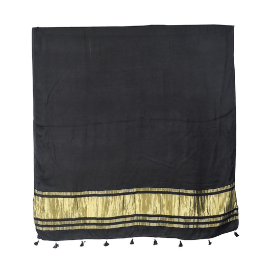 Plain Dyeing Modal Silk Dupatta with Golden Border - with Tassels - 2.5 Mtr Length - SKU : 0077-BKGL