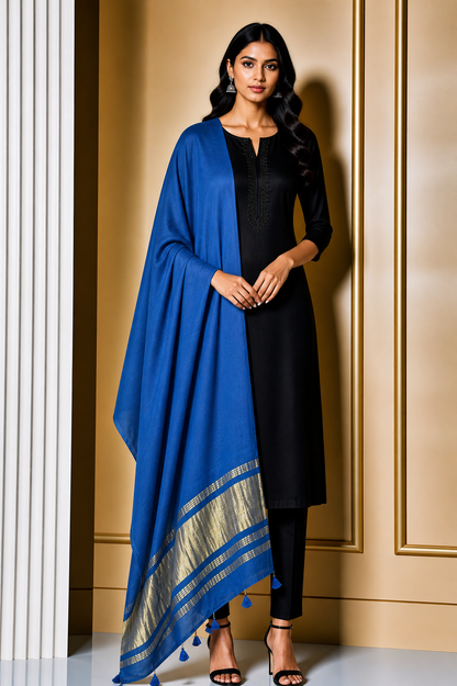 Plain Dyeing Modal Silk Dupatta with Golden Border - with Tassels - 2.5 Mtr Length    -  SKU : 0077-BLGL