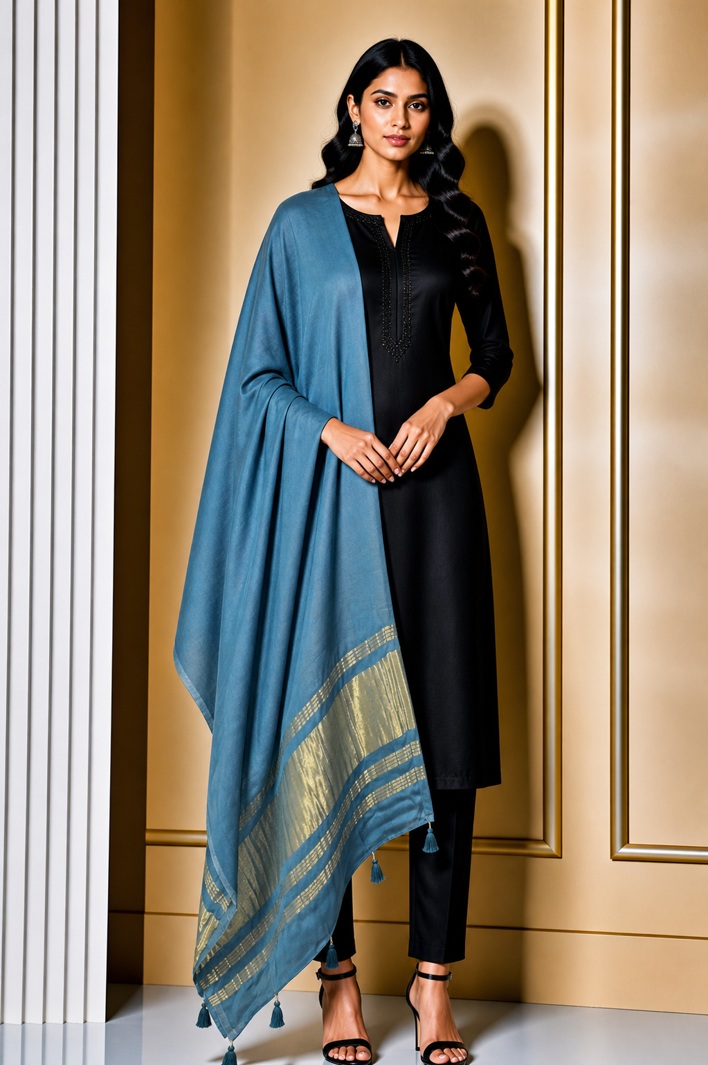 Plain Dyeing Modal Silk Dupatta with Golden Border - with Tassels - 2.5 Mtr Length    -  SKU : 0077-BSGL