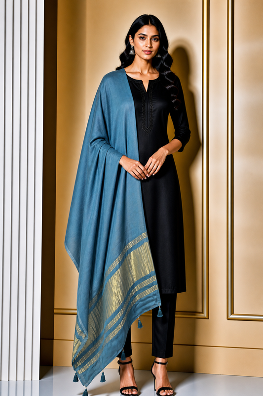 Plain Dyeing Modal Silk Dupatta with Golden Border - with Tassels - 2.5 Mtr Length    -  SKU : 0077-BSGL
