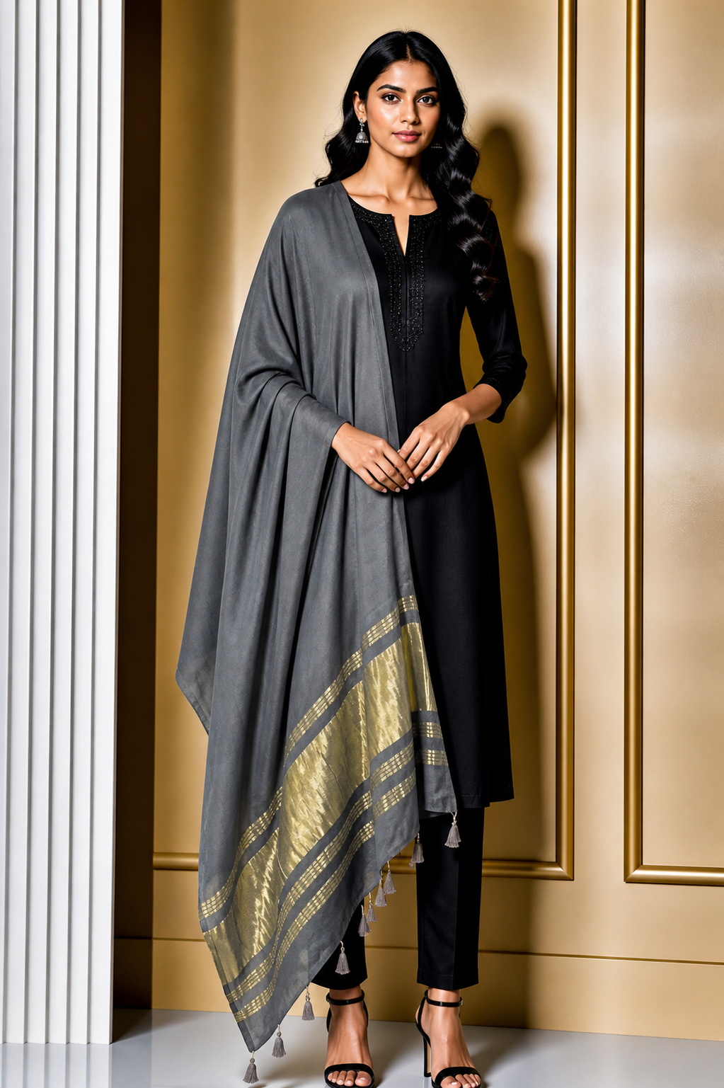 Plain Dyeing Modal Silk Dupatta with Golden Border - with Tassels - 2.5 Mtr Length    -  SKU : 0077-GYGL