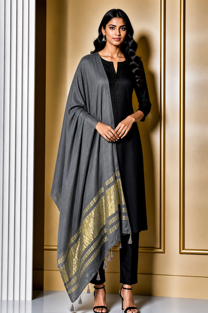 Plain Dyeing Modal Silk Dupatta with Golden Border - with Tassels - 2.5 Mtr Length    -  SKU : 0077-GYGL