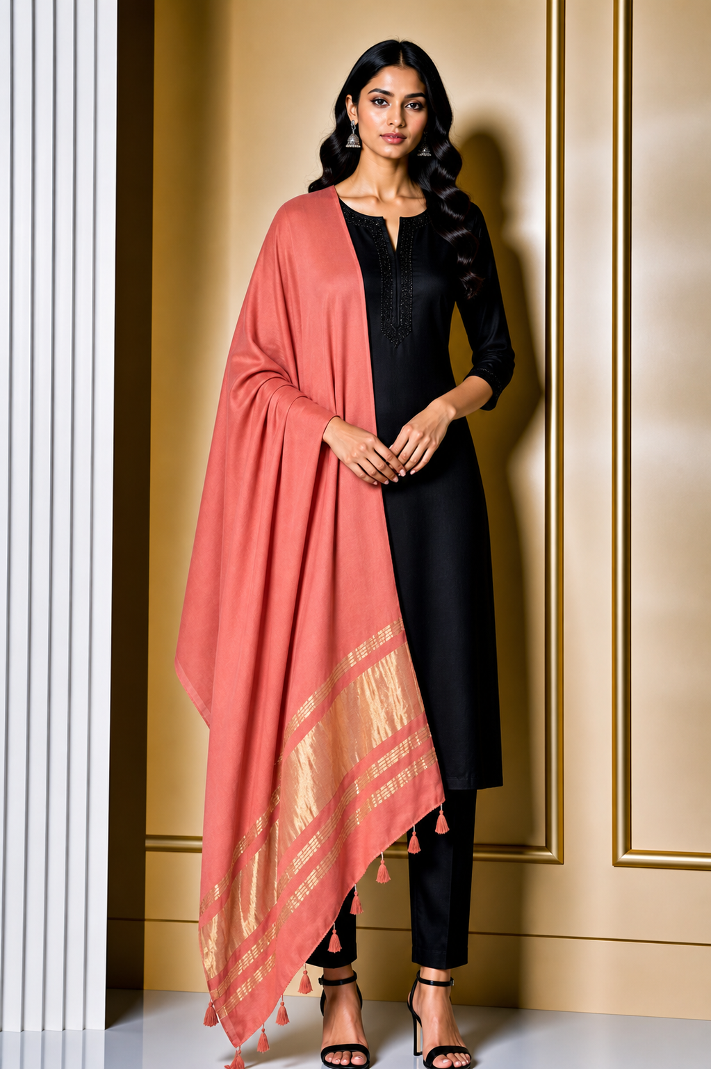 Plain Dyeing Modal Silk Dupatta with Golden Border - with Tassels - 2.5 Mtr Length    -  SKU : 0077-LBGL