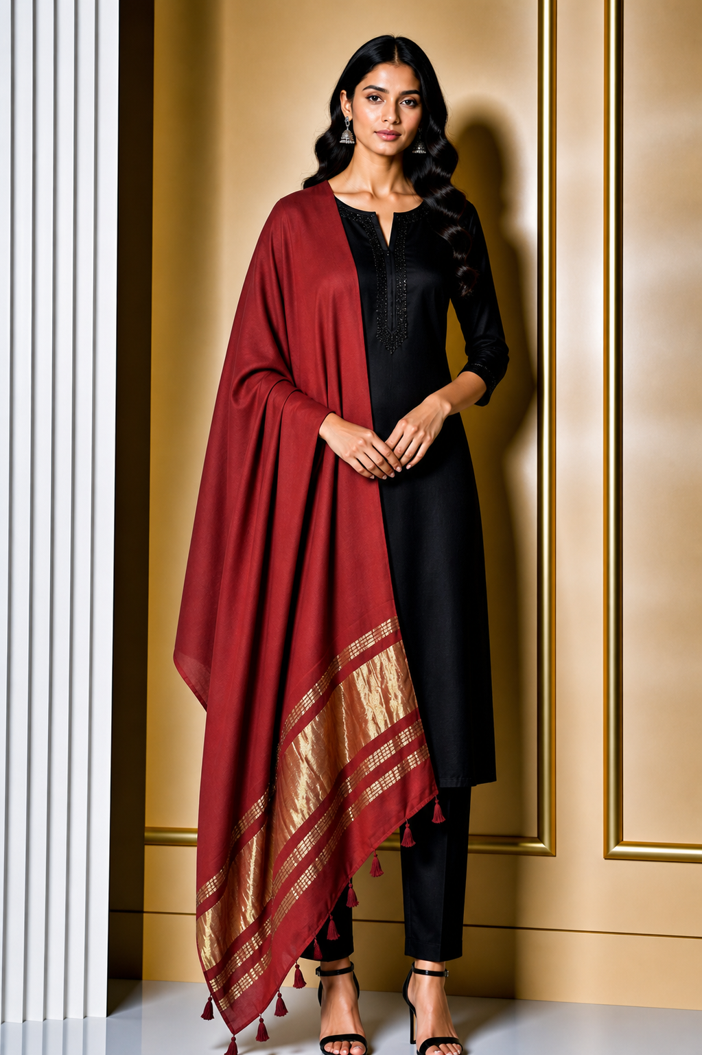 Plain Dyeing Modal Silk Dupatta with Golden Border - with Tassels - 2.5 Mtr Length    -  SKU : 0077-MRGL