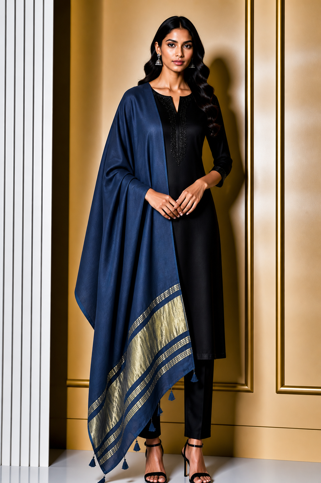 Plain Dyeing Modal Silk Dupatta with Golden Border - with Tassels - 2.5 Mtr Length    -  SKU : 0077-NBGL