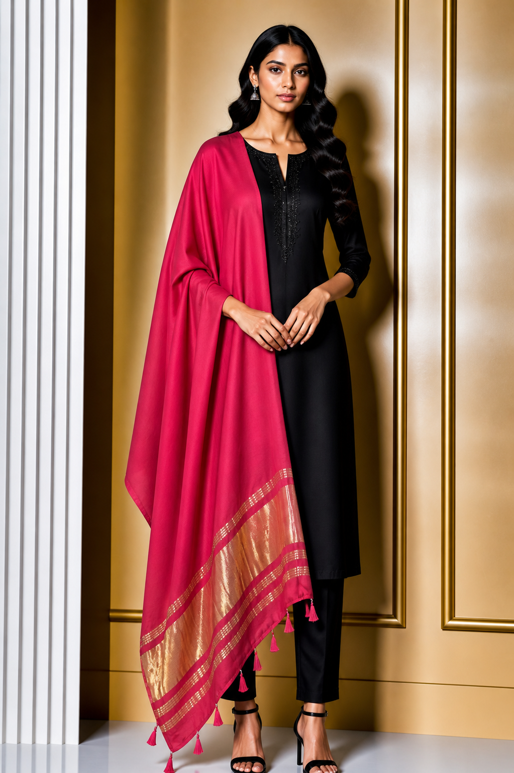 Plain Dyeing Modal Silk Dupatta with Golden Border - with Tassels - 2.5 Mtr Length    -  SKU : 0077-PKGL