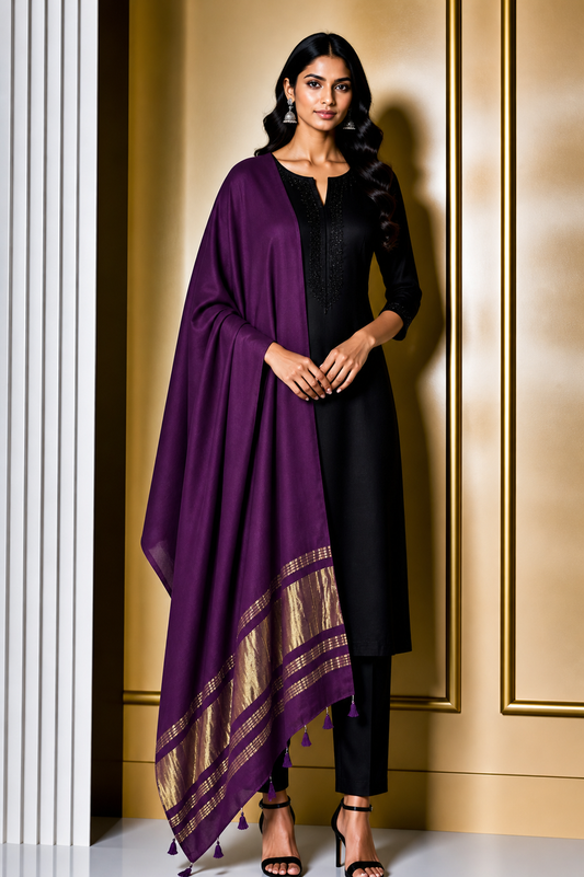 Plain Dyeing Modal Silk Dupatta with Golden Border - with Tassels - 2.5 Mtr Length    -  SKU : 0077-PUGL