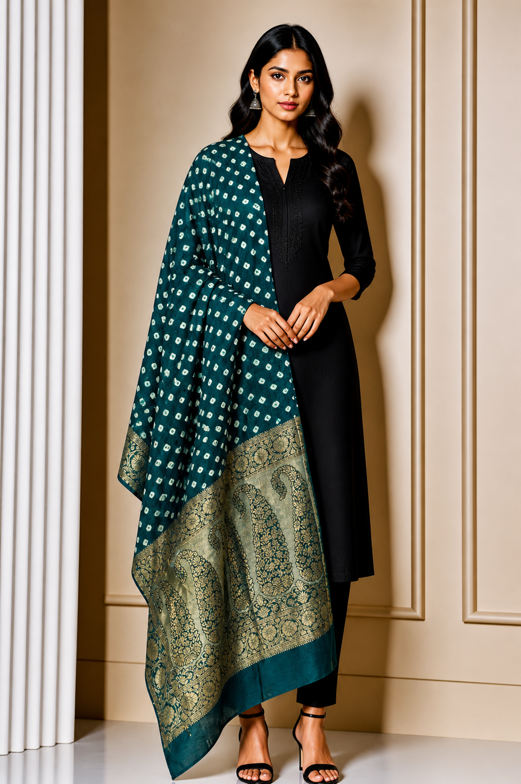 Bandhej [ Tie-Dye] Dola Silk Dupatta With Full nakshi Border & Pallu - 2.5 Mtr Length    -  SKU : KK01501I