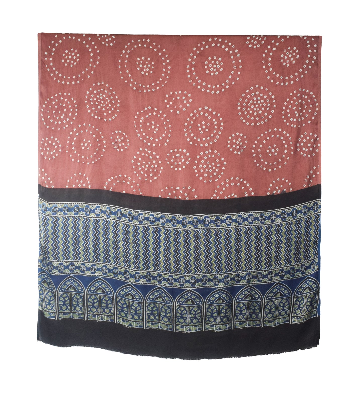 Bandhej [ Tie-Dye] Modal Silk Part Natural Dye Ajrakh Pallu Hand Block Print Dupatta  - 2.5 Mtr Length    -  SKU : MS24A02C