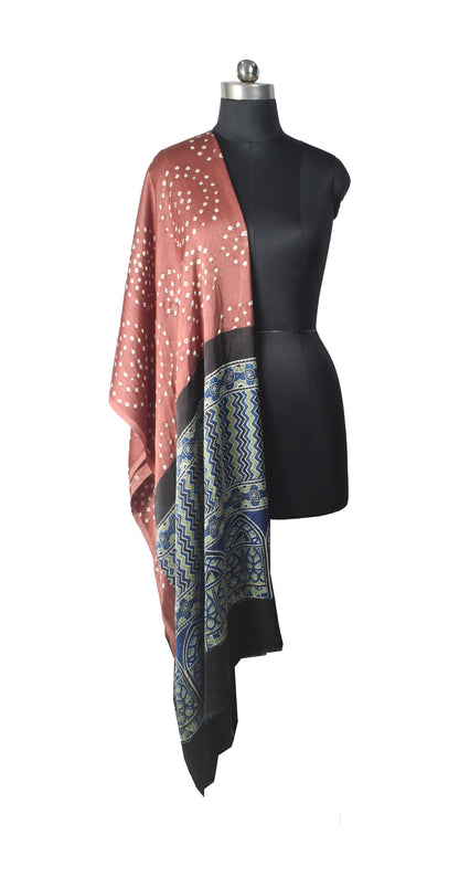 Bandhej [ Tie-Dye] Modal Silk Part Natural Dye Ajrakh Pallu Hand Block Print Dupatta  - 2.5 Mtr Length    -  SKU : MS24A02C
