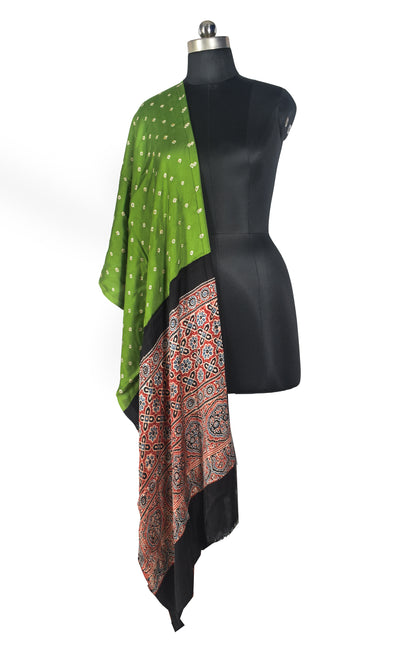 Bandhej [ Tie-Dye] Modal Silk Part Natural Dye Ajrakh Pallu Hand Block Print Dupatta  - 2.5 Mtr Length   -  SKU : MS15602A