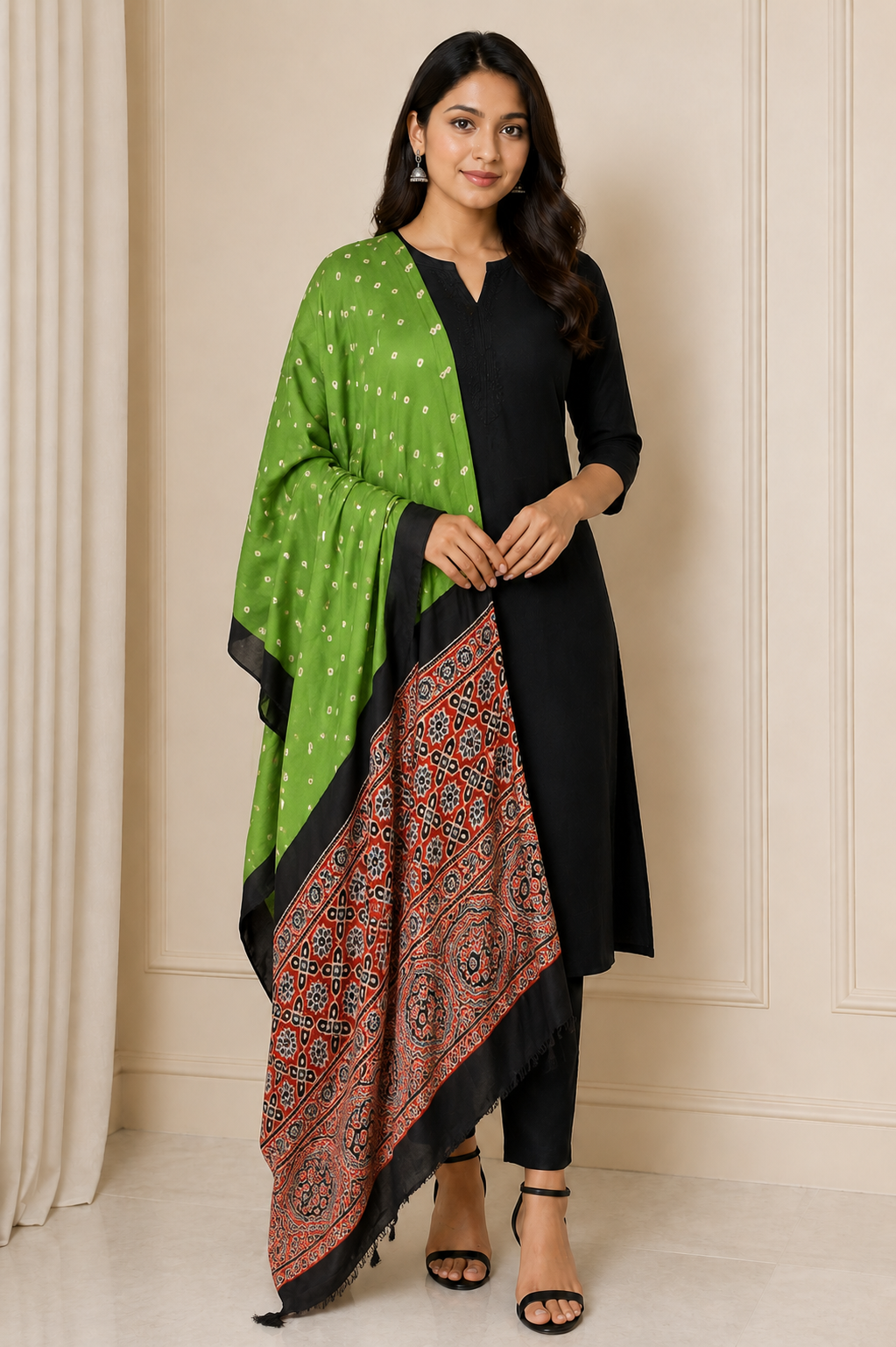 Bandhej [ Tie-Dye] Modal Silk Part Natural Dye Ajrakh Pallu Hand Block Print Dupatta  - 2.5 Mtr Length   -  SKU : MS15602A