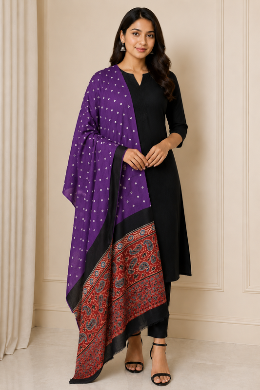 Bandhej [ Tie-Dye] Modal Silk Part Natural Dye Ajrakh Pallu Hand Block Print Dupatta  - 2.5 Mtr Length   -  SKU : MS15602B