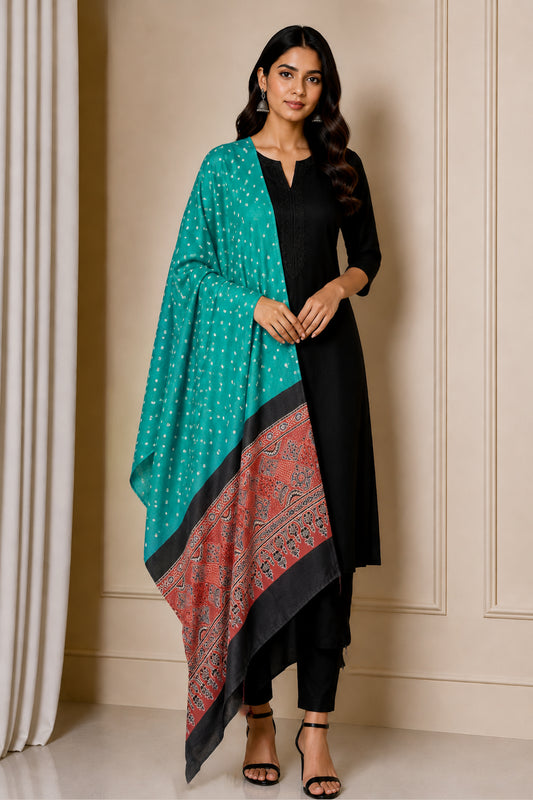 Bandhej [ Tie-Dye] Modal Silk Part Natural Dye Ajrakh Pallu Hand Block Print Dupatta  - 2.5 Mtr Length   -  SKU : MS25602A