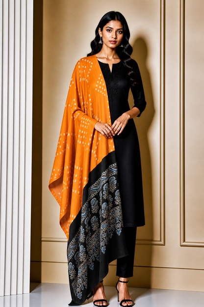 Bandhej [ Tie-Dye] Modal Silk Part Natural Dye Ajrakh Pallu Hand Block Print Dupatta  - 2.5 Mtr Length    -  SKU : MS24A02A