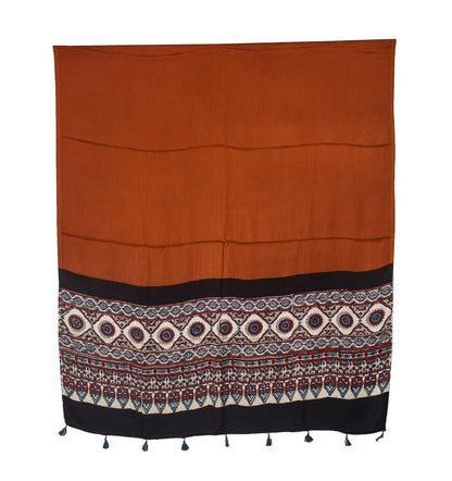 Ajrakh Modal Silk Part Natural Dye Half Plain Dyeing Hand Block Print Dupatta with Tassels - 2.5 Mtr Length    -  SKU : AI20104U