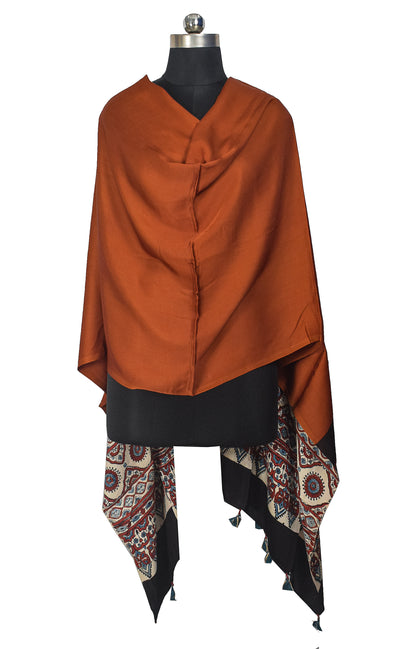 Ajrakh Modal Silk Part Natural Dye Half Plain Dyeing Hand Block Print Dupatta with Tassels - 2.5 Mtr Length    -  SKU : AI20104U