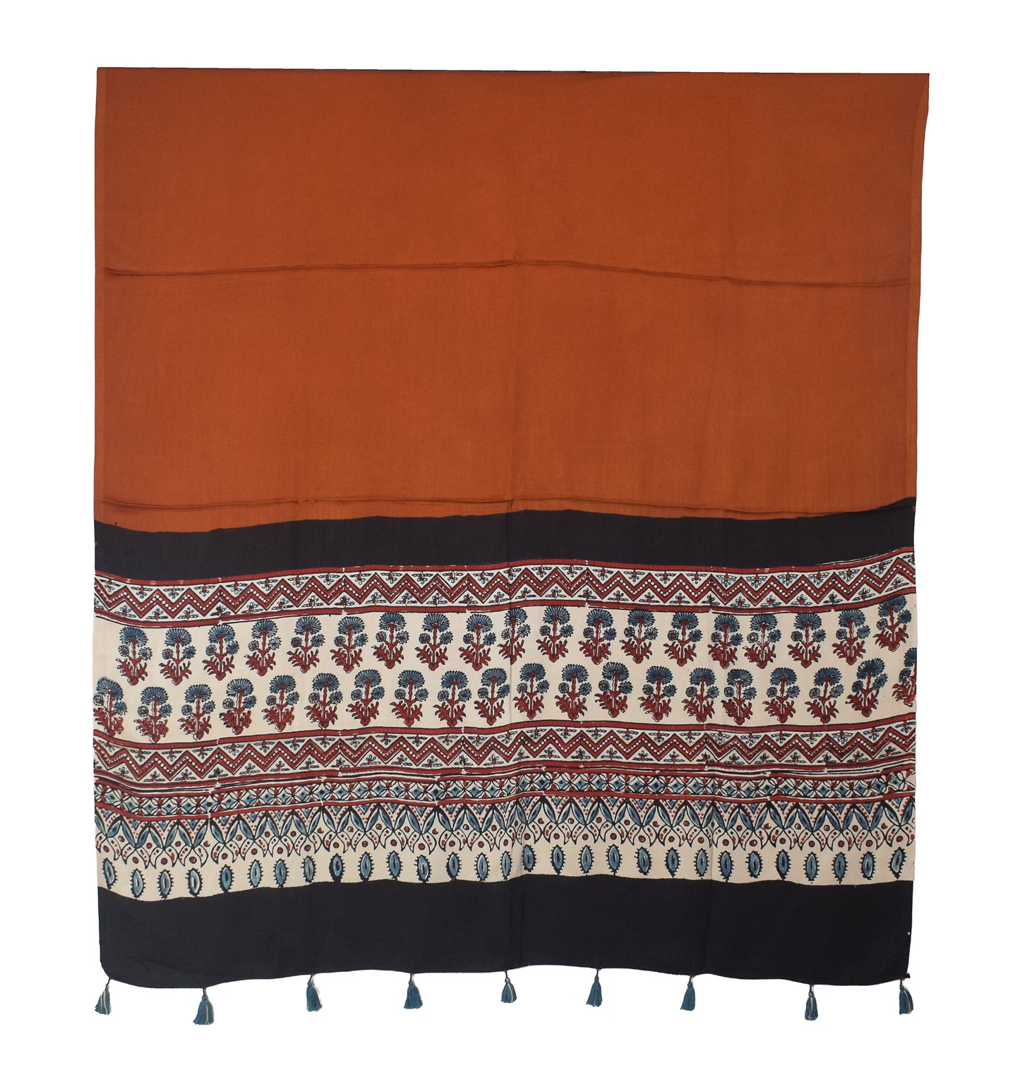 Ajrakh Modal Silk Part Natural Dye Half Plain Dyeing Hand Block Print Dupatta with Tassels - 2.5 Mtr Length    -  SKU : AI20104V