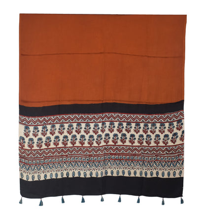 Ajrakh Modal Silk Part Natural Dye Half Plain Dyeing Hand Block Print Dupatta with Tassels - 2.5 Mtr Length    -  SKU : AI20104V