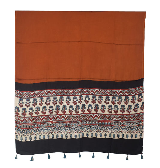 Ajrakh Modal Silk Part Natural Dye Half Plain Dyeing Hand Block Print Dupatta with Tassels - 2.5 Mtr Length    -  SKU : AI20104V