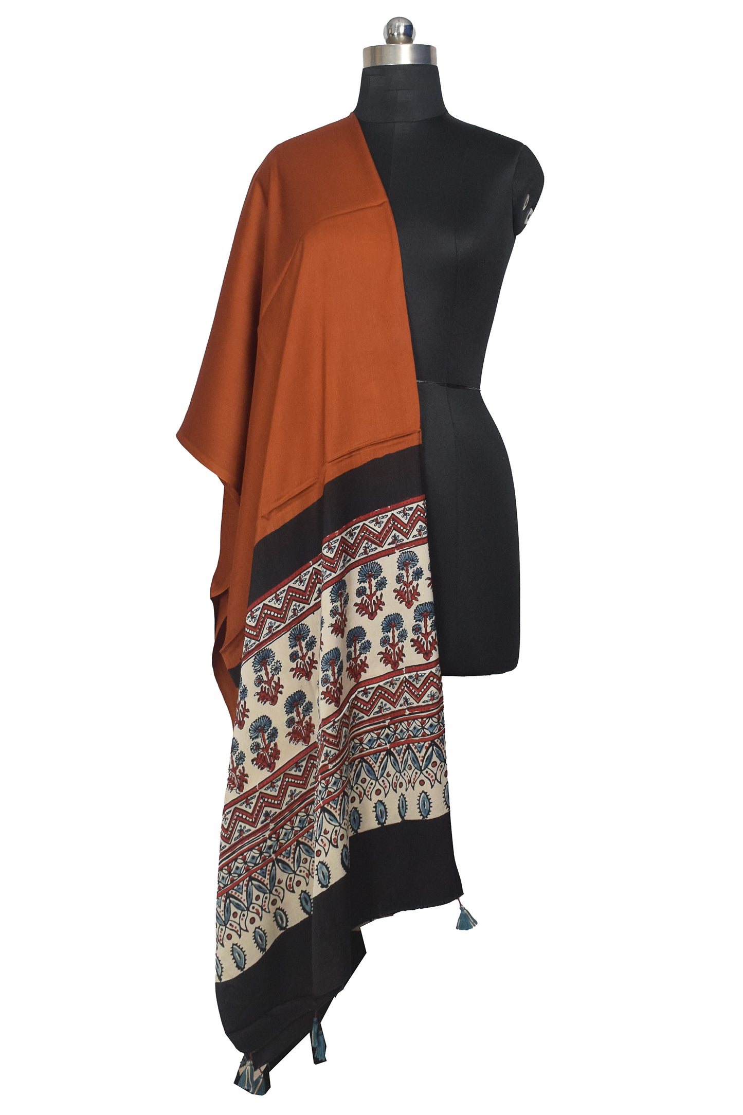 Ajrakh Modal Silk Part Natural Dye Half Plain Dyeing Hand Block Print Dupatta with Tassels - 2.5 Mtr Length    -  SKU : AI20104V