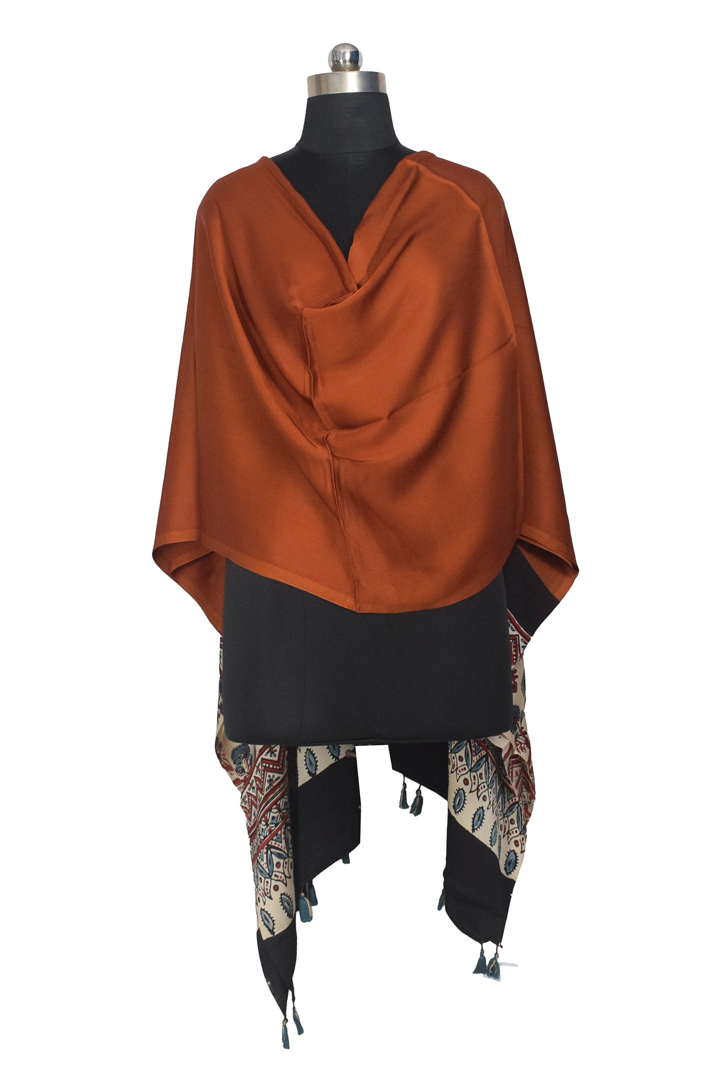 Ajrakh Modal Silk Part Natural Dye Half Plain Dyeing Hand Block Print Dupatta with Tassels - 2.5 Mtr Length    -  SKU : AI20104V