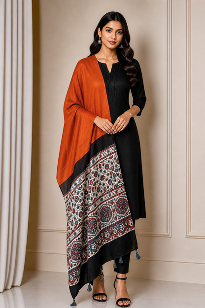 Ajrakh Modal Silk Part Natural Dye Half Plain Dyeing Hand Block Print Dupatta with Tassels - 2.5 Mtr Length    -  SKU : AI2014AI