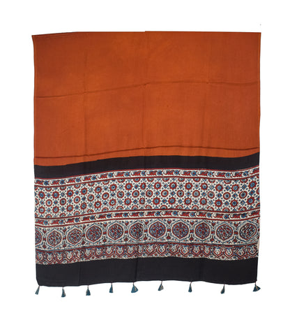 Ajrakh Modal Silk Part Natural Dye Half Plain Dyeing Hand Block Print Dupatta with Tassels - 2.5 Mtr Length    -  SKU : AI2014AI