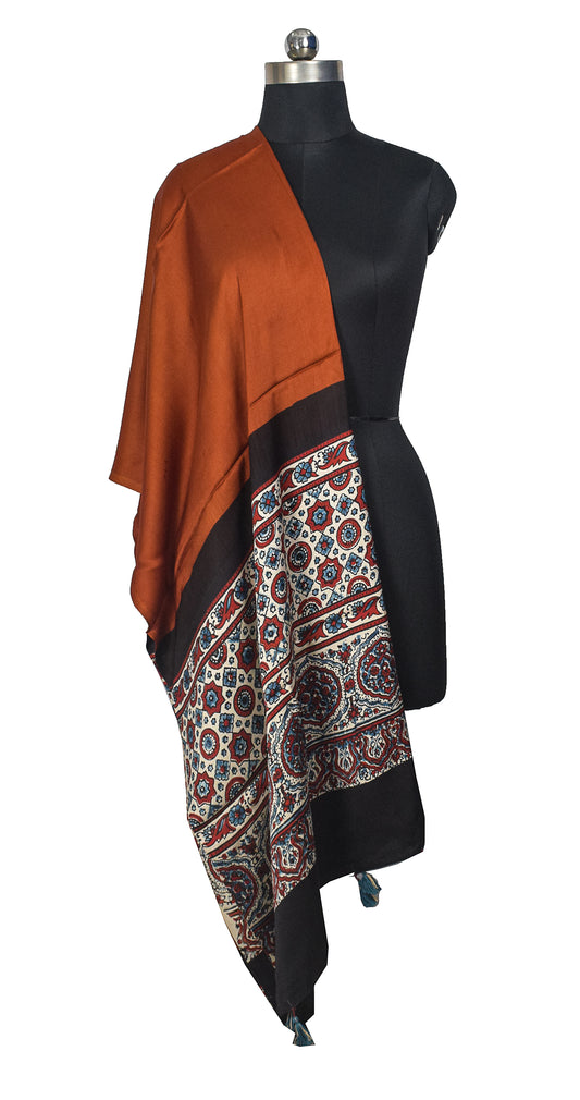Ajrakh Modal Silk Part Natural Dye Half Plain Dyeing Hand Block Print Dupatta with Tassels - 2.5 Mtr Length    -  SKU : AI2014AI