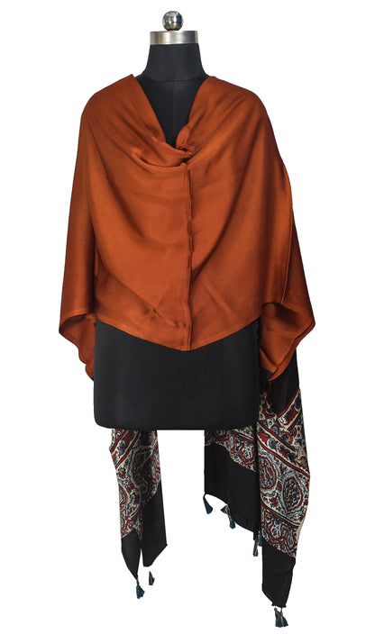Ajrakh Modal Silk Part Natural Dye Half Plain Dyeing Hand Block Print Dupatta with Tassels - 2.5 Mtr Length    -  SKU : AI2014AI