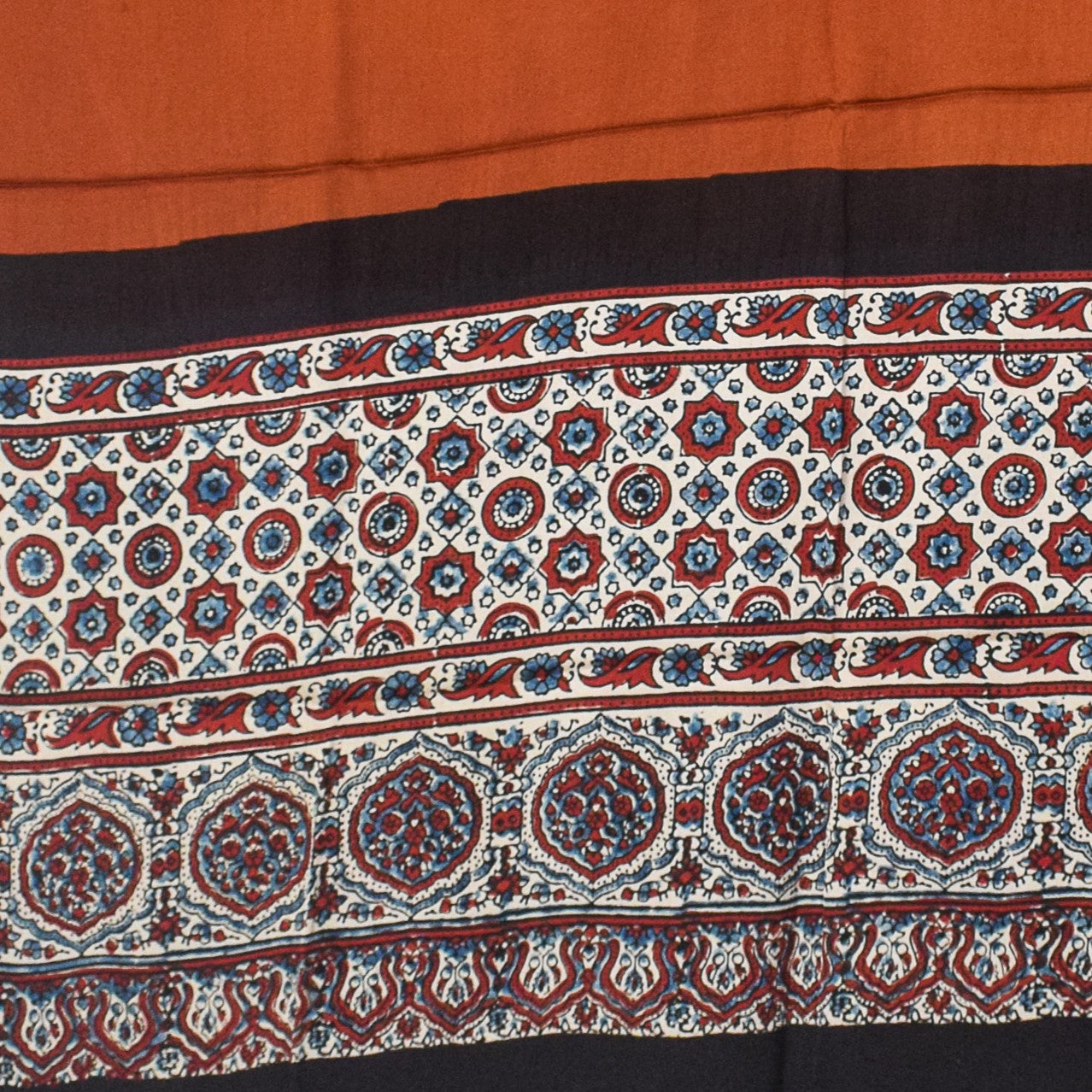 Ajrakh Modal Silk Part Natural Dye Half Plain Dyeing Hand Block Print Dupatta with Tassels - 2.5 Mtr Length    -  SKU : AI2014AI
