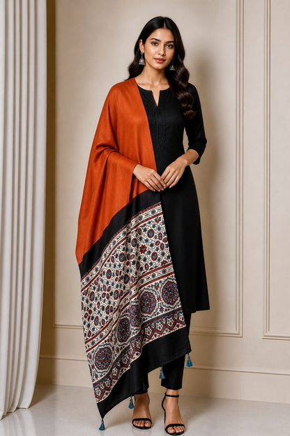 Ajrakh Modal Silk Part Natural Dye Half Plain Dyeing Hand Block Print Dupatta with Tassels - 2.5 Mtr Length    -  SKU : AI21701I