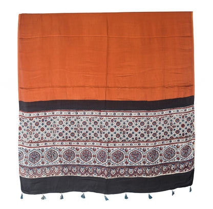 Ajrakh Modal Silk Part Natural Dye Half Plain Dyeing Hand Block Print Dupatta with Tassels - 2.5 Mtr Length    -  SKU : AI21701I