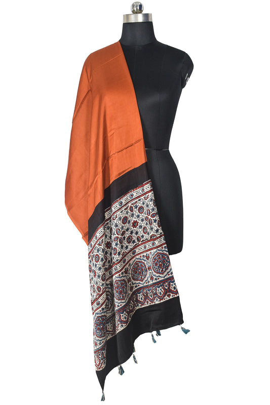 Ajrakh Modal Silk Part Natural Dye Half Plain Dyeing Hand Block Print Dupatta with Tassels - 2.5 Mtr Length    -  SKU : AI21701I