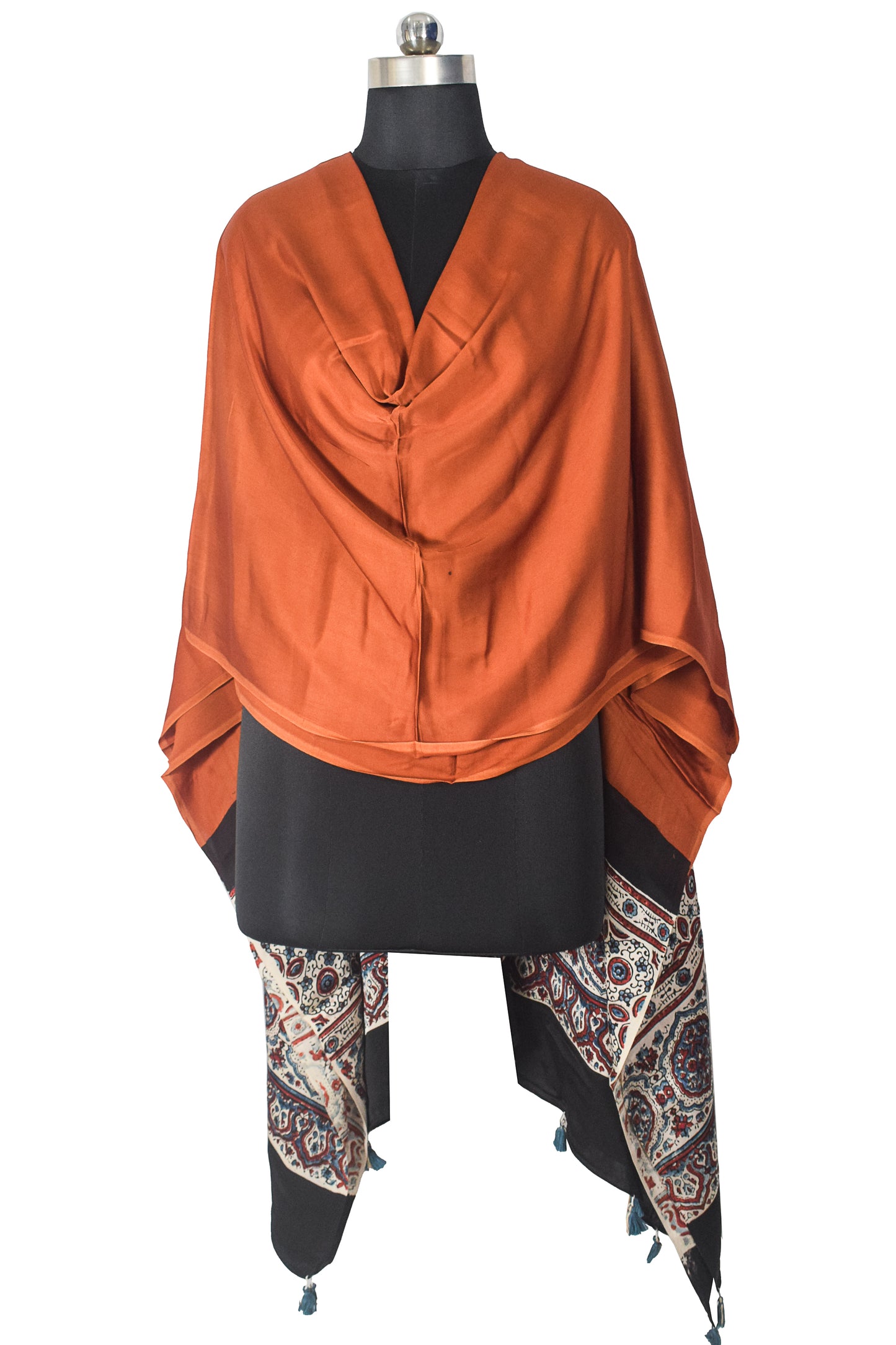 Ajrakh Modal Silk Part Natural Dye Half Plain Dyeing Hand Block Print Dupatta with Tassels - 2.5 Mtr Length    -  SKU : AI21701I