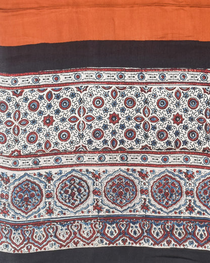 Ajrakh Modal Silk Part Natural Dye Half Plain Dyeing Hand Block Print Dupatta with Tassels - 2.5 Mtr Length    -  SKU : AI21701I