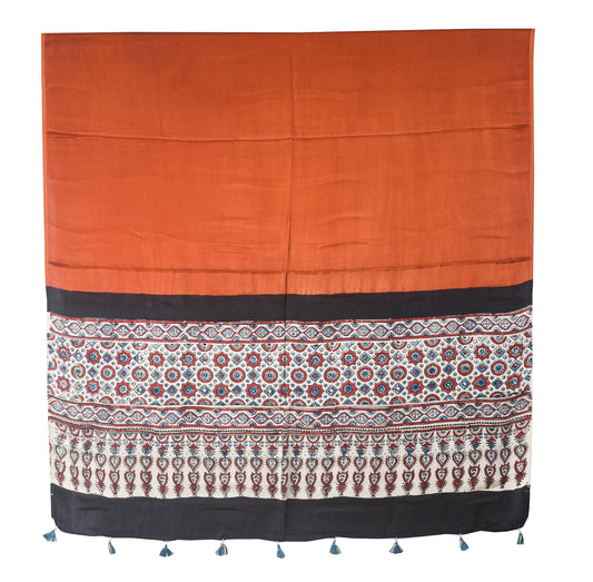 Ajrakh Modal Silk Part Natural Dye Half Plain Dyeing Hand Block Print Dupatta with Tassels - 2.5 Mtr Length    -  SKU : AI21701J