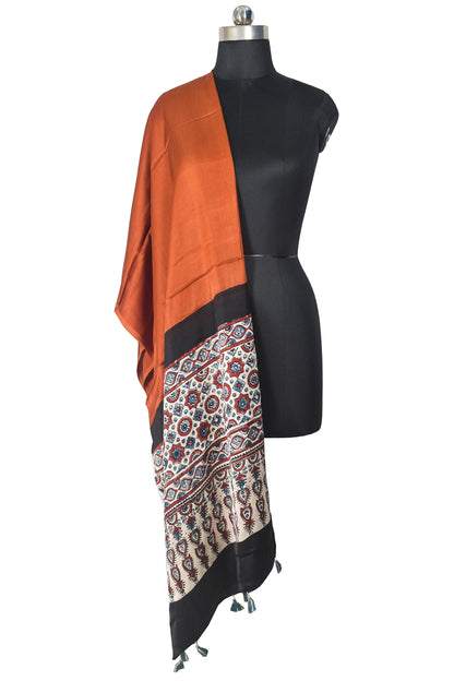 Ajrakh Modal Silk Part Natural Dye Half Plain Dyeing Hand Block Print Dupatta with Tassels - 2.5 Mtr Length    -  SKU : AI21701J