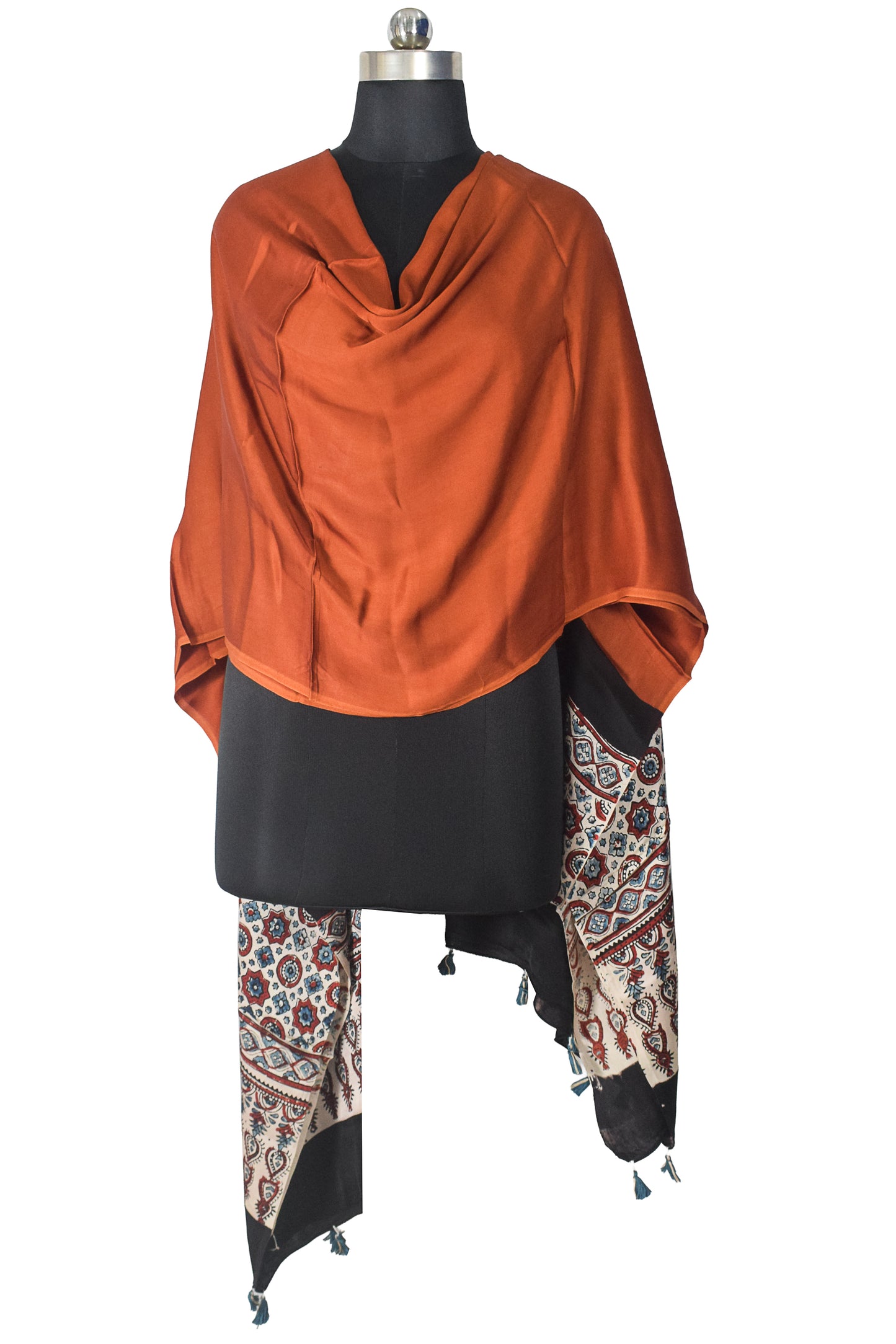 Ajrakh Modal Silk Part Natural Dye Half Plain Dyeing Hand Block Print Dupatta with Tassels - 2.5 Mtr Length    -  SKU : AI21701J