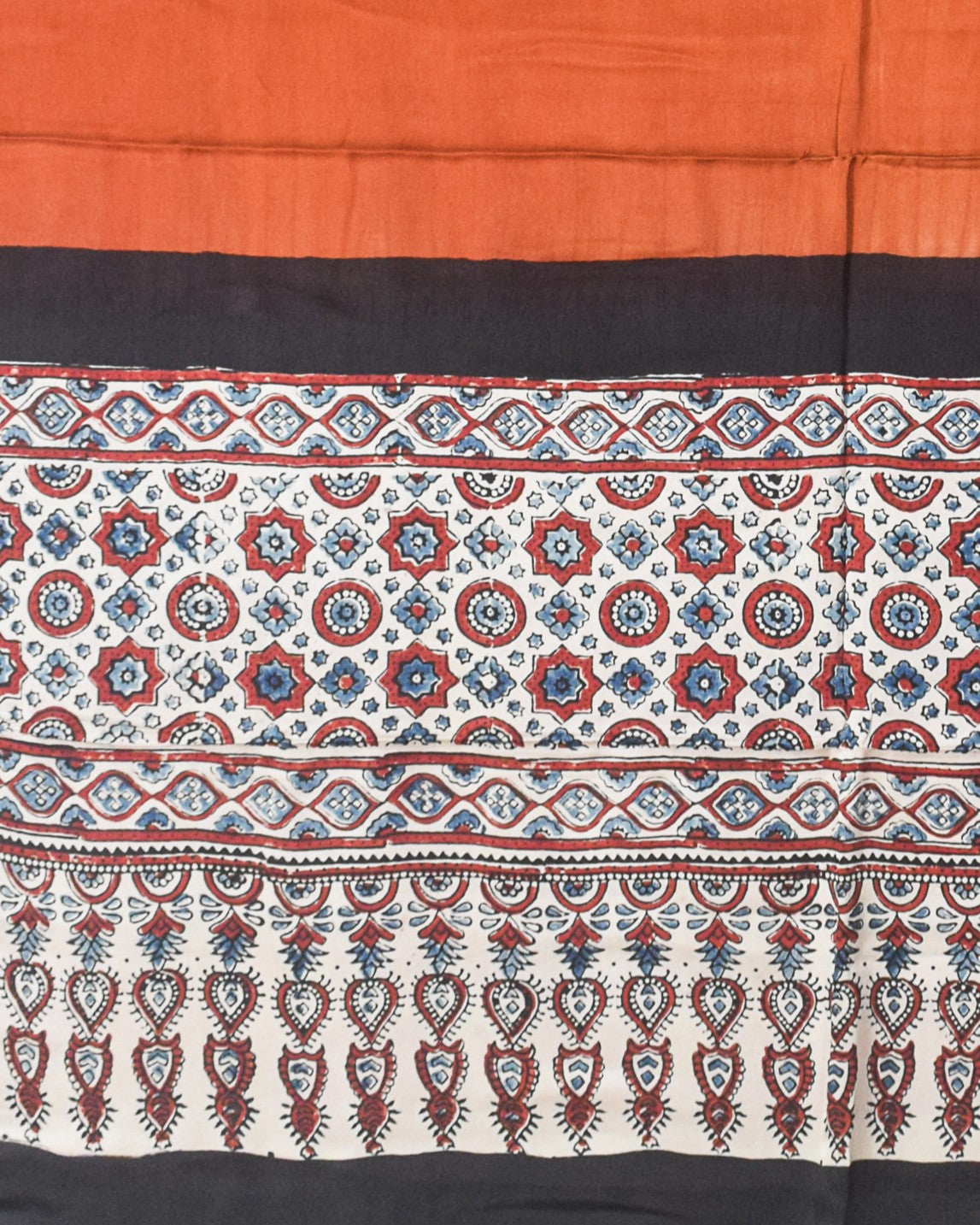 Ajrakh Modal Silk Part Natural Dye Half Plain Dyeing Hand Block Print Dupatta with Tassels - 2.5 Mtr Length    -  SKU : AI21701J