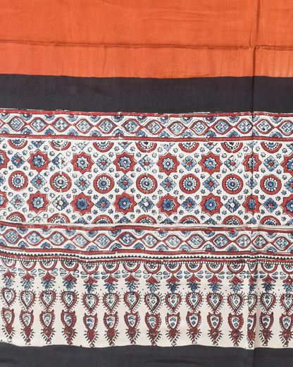Ajrakh Modal Silk Part Natural Dye Half Plain Dyeing Hand Block Print Dupatta with Tassels - 2.5 Mtr Length    -  SKU : AI21701J