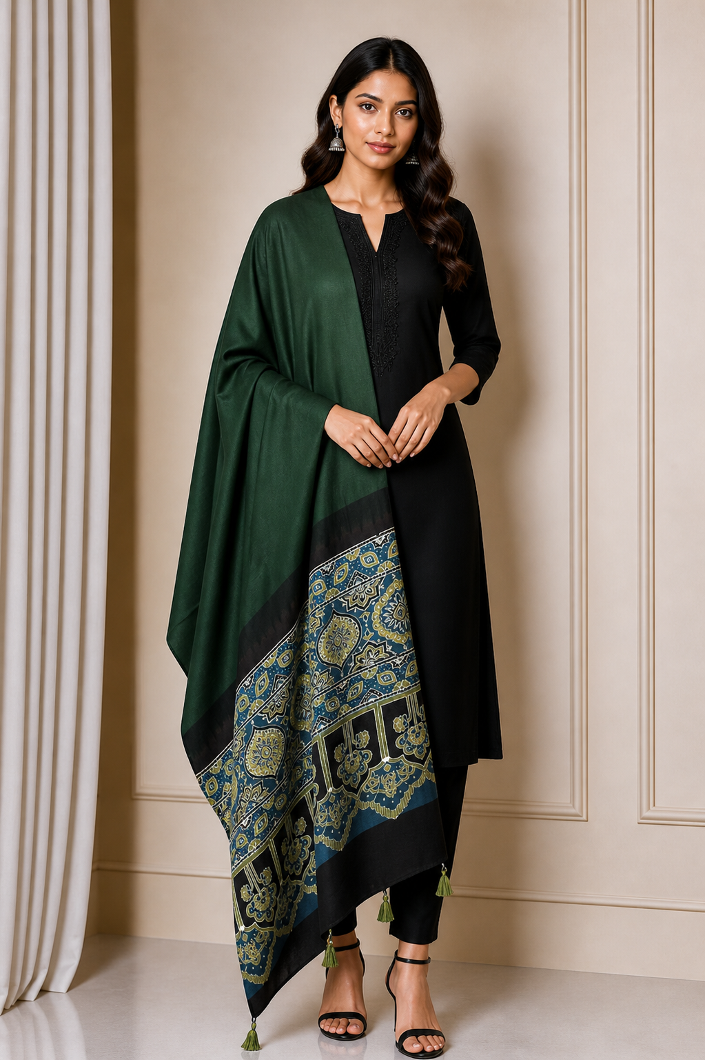 Ajrakh Modal Silk Part Natural Dye Half Plain Dyeing Hand Block Print Dupatta with Tassels - 2.5 Mtr Length    -  SKU : AI20104J