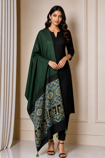 Ajrakh Modal Silk Part Natural Dye Half Plain Dyeing Hand Block Print Dupatta with Tassels - 2.5 Mtr Length    -  SKU : AI20104J